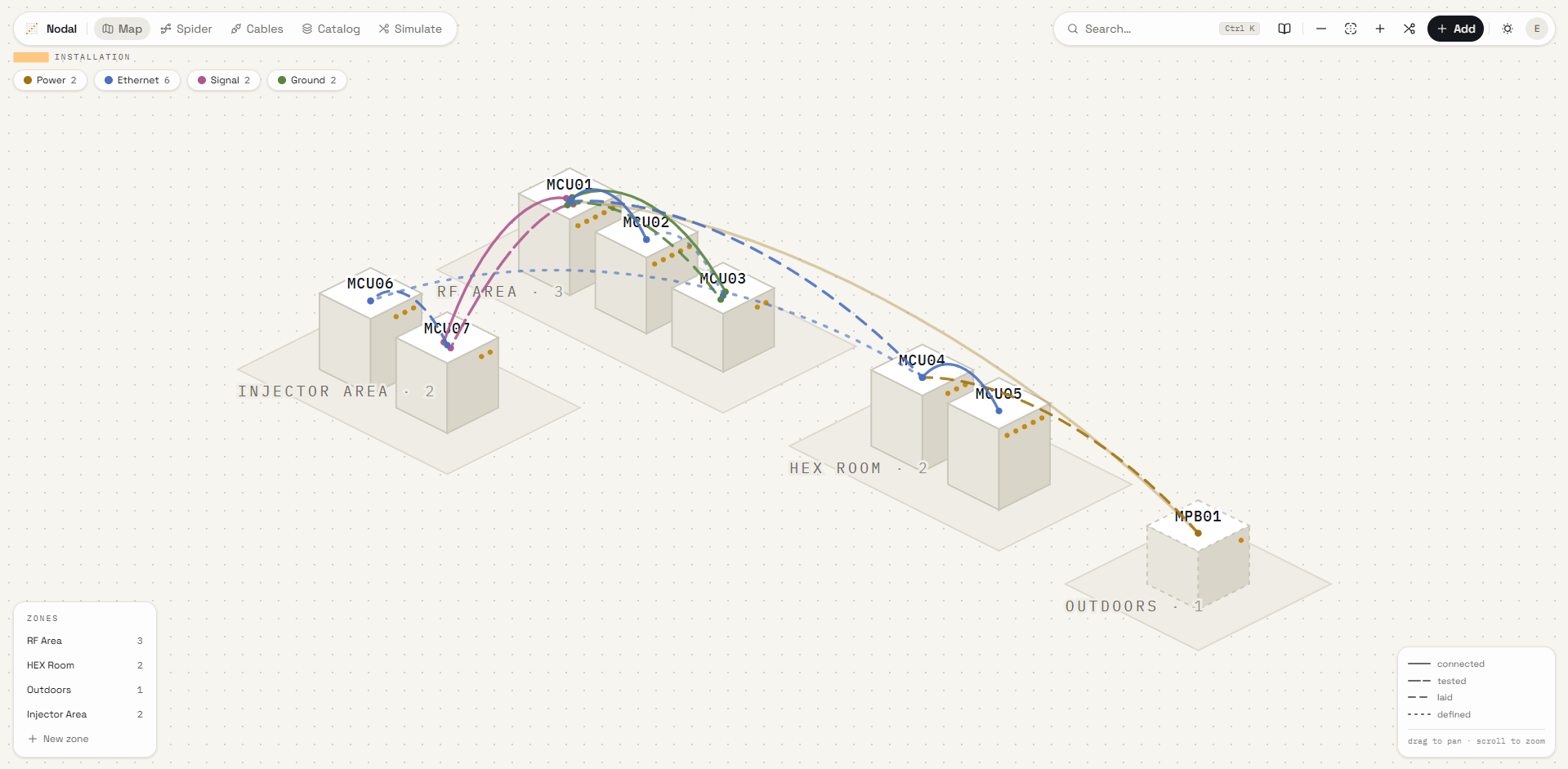 Installation map, zones and cable runs